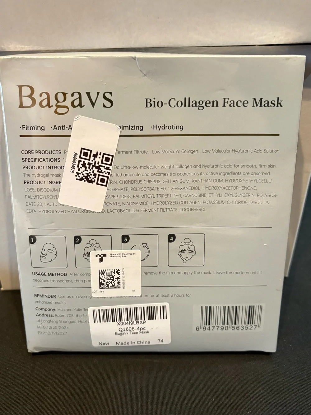 Bagavs Bio-Collagen Face Mask Sheet for Face w/ Collagen + HA 1.05oz x4